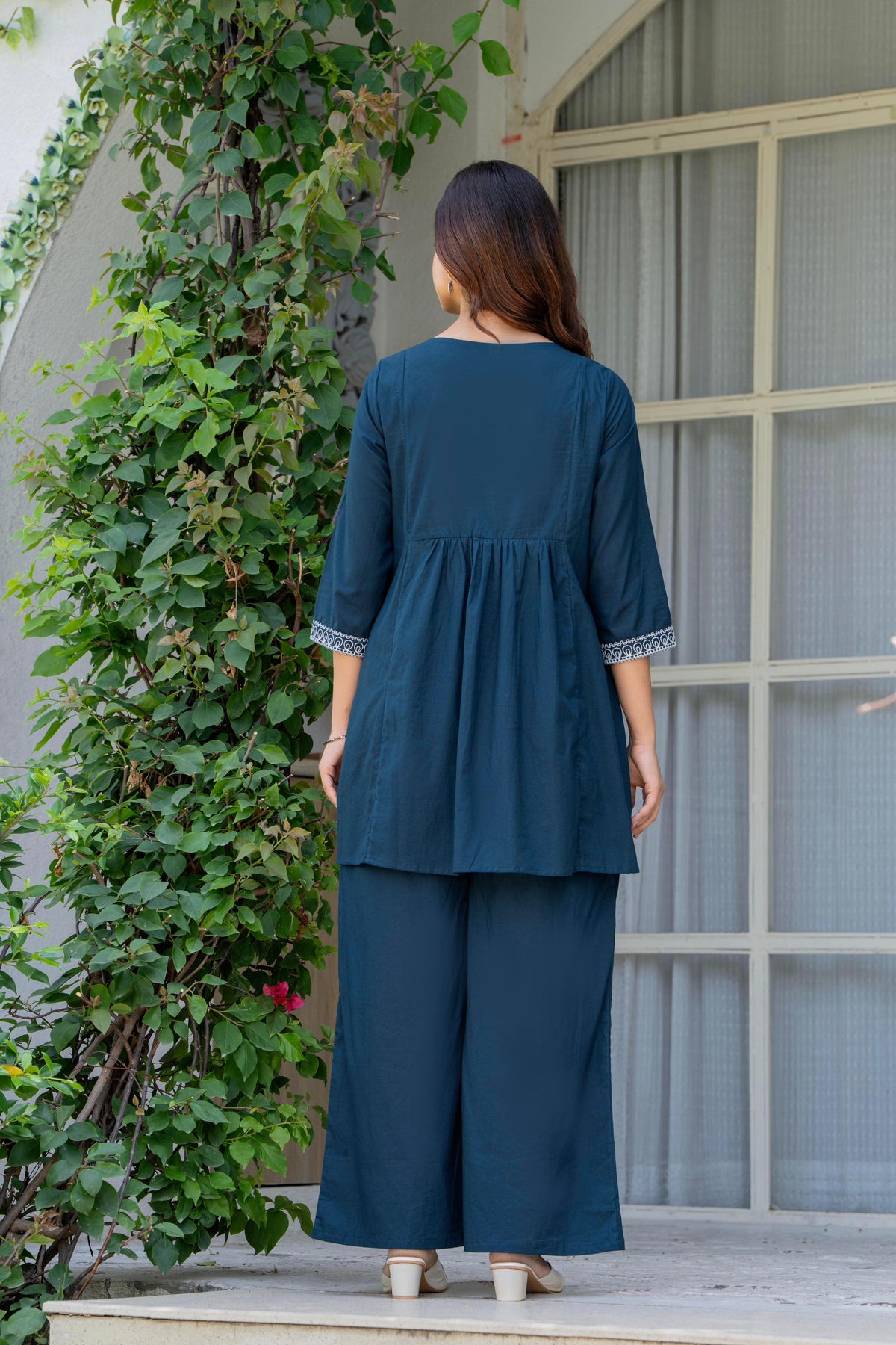 Blue Stone Embroidered Cotton Co-Ord Set
