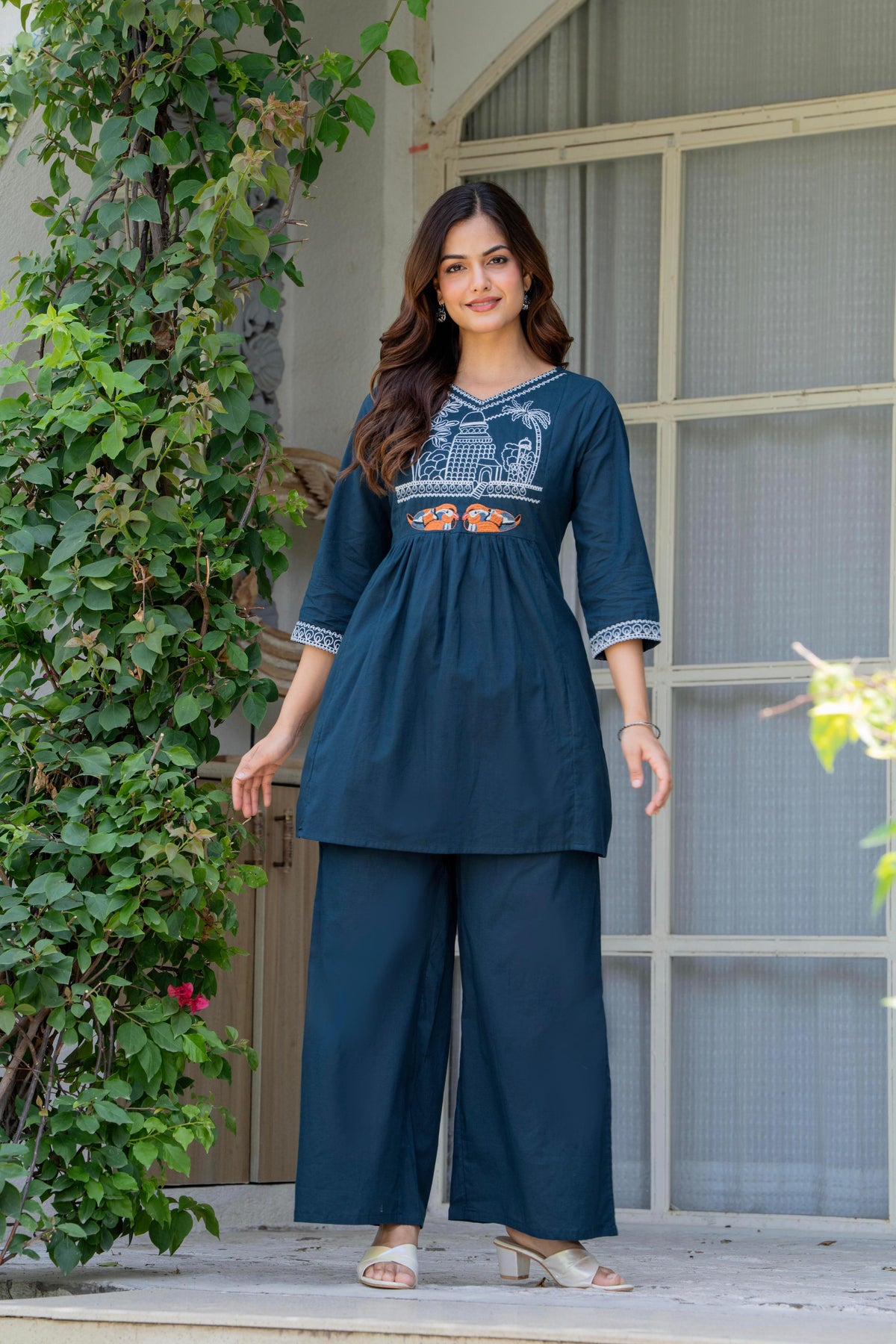 Blue Stone Embroidered Cotton Co-Ord Set