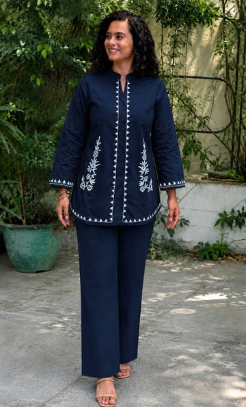 Navy Blue Embroidered Cotton Slub Co-Ord Set