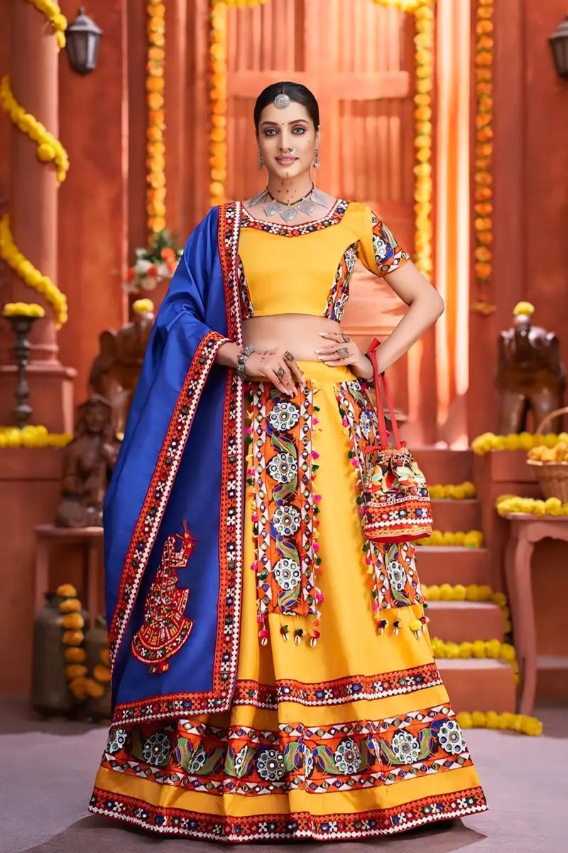 Traditional Gamthi Work Yellow Colour Chaniya Choli for Navratri