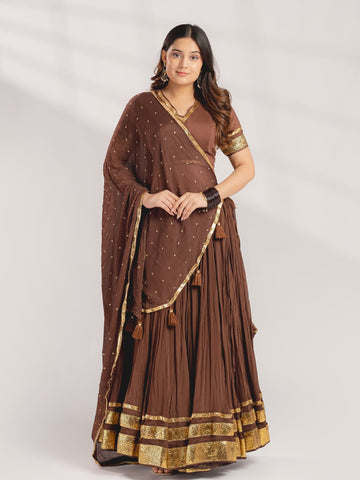 Earthy Chocolate Brown Crushed Lehenga Set with Gold Gota Borders & Tassel Accents