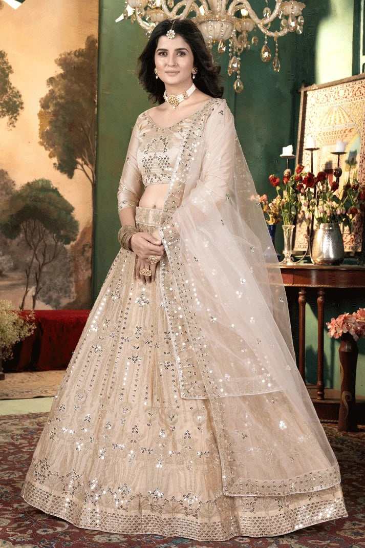 Embroidery Work Cream Colour Lehenga Choli For Wedding