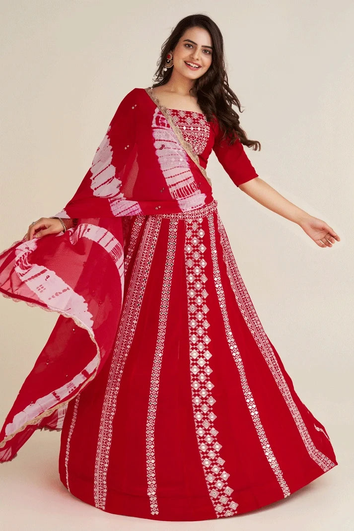 Georgette Fabric Red Lehenga Choli For Wedding
