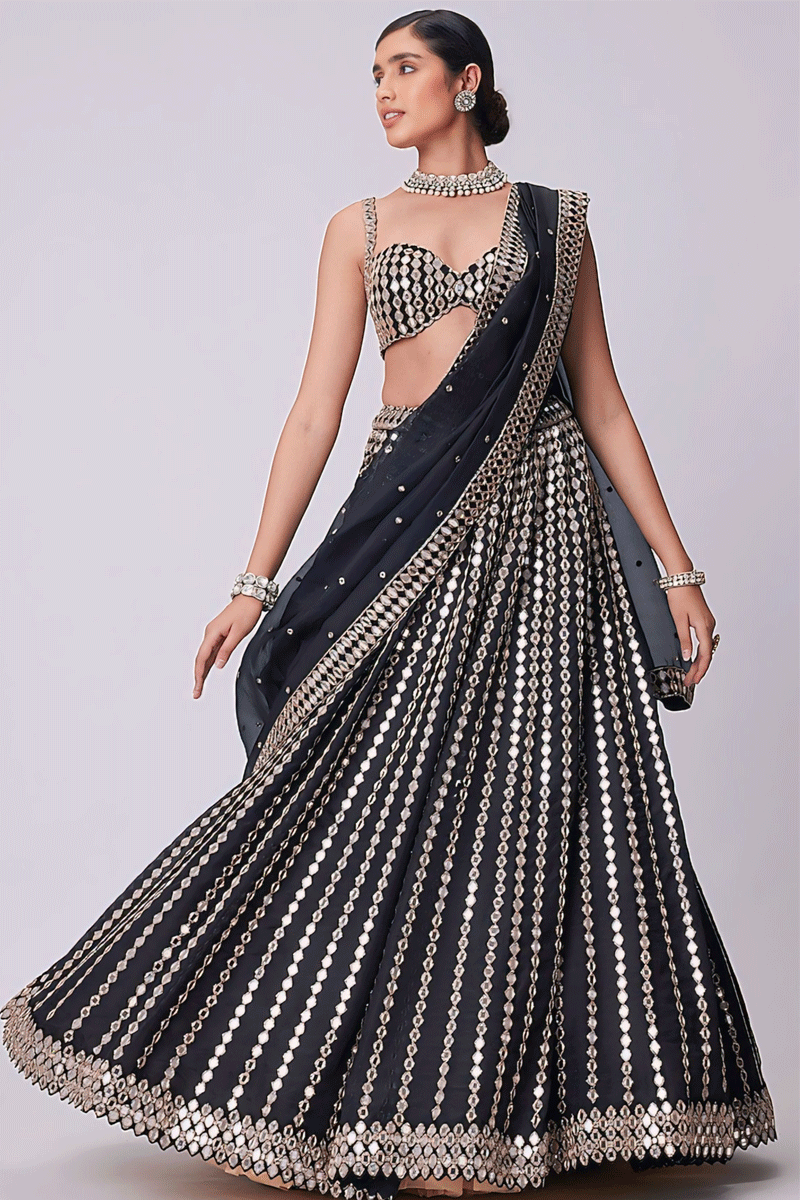 Paper Mirror Work All Black Lehenga Choli For Sangeet