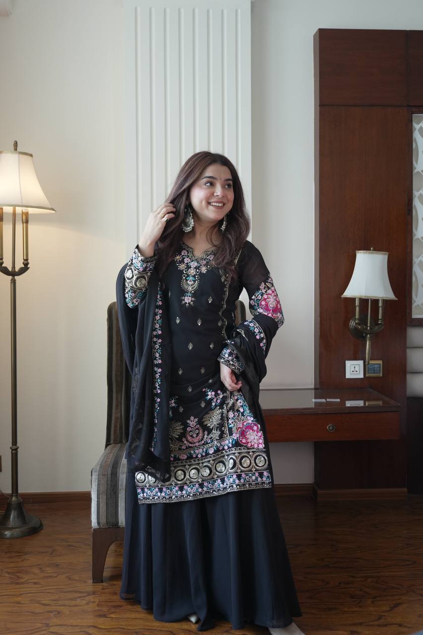 Midnight Black Chinon Sharara Suit Set