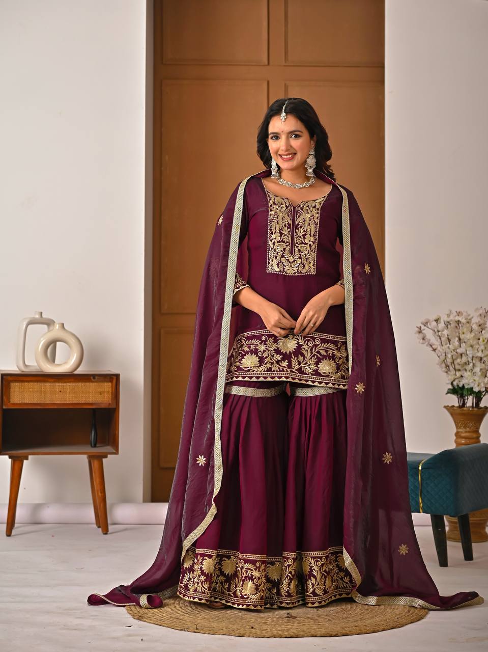 Eshira Fendy Silk Embroidered Sharara Set