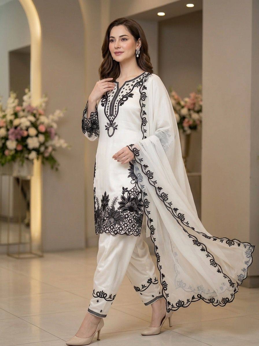 Elara Noor Black & White Embroidered Farshi Salwar Suit Set
