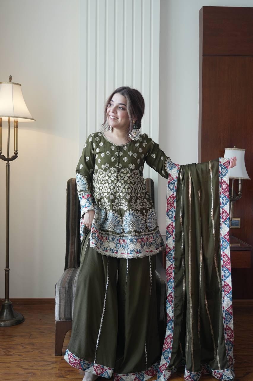 Elegant Olive Green Chinon Embroidered Suit Set