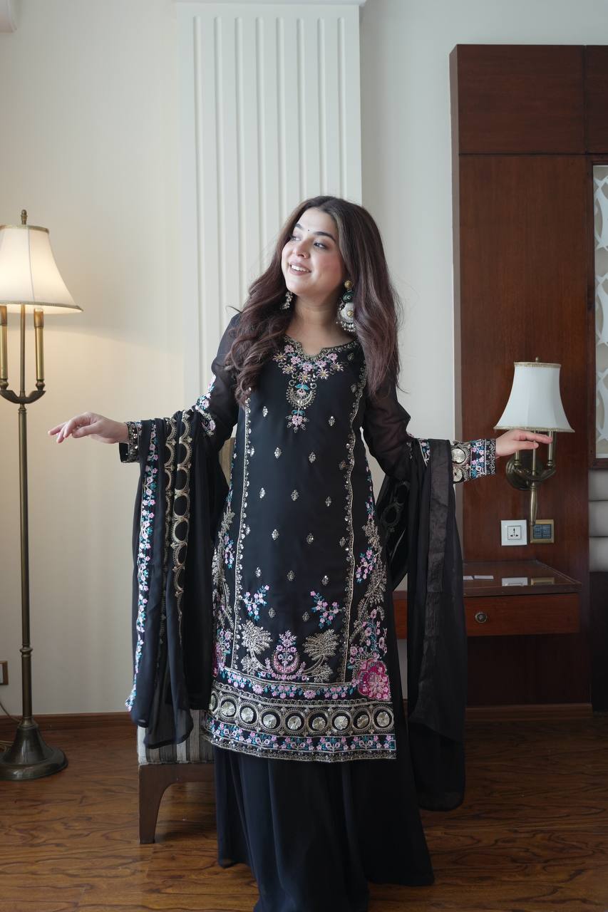 Midnight Black Chinon Sharara Suit Set