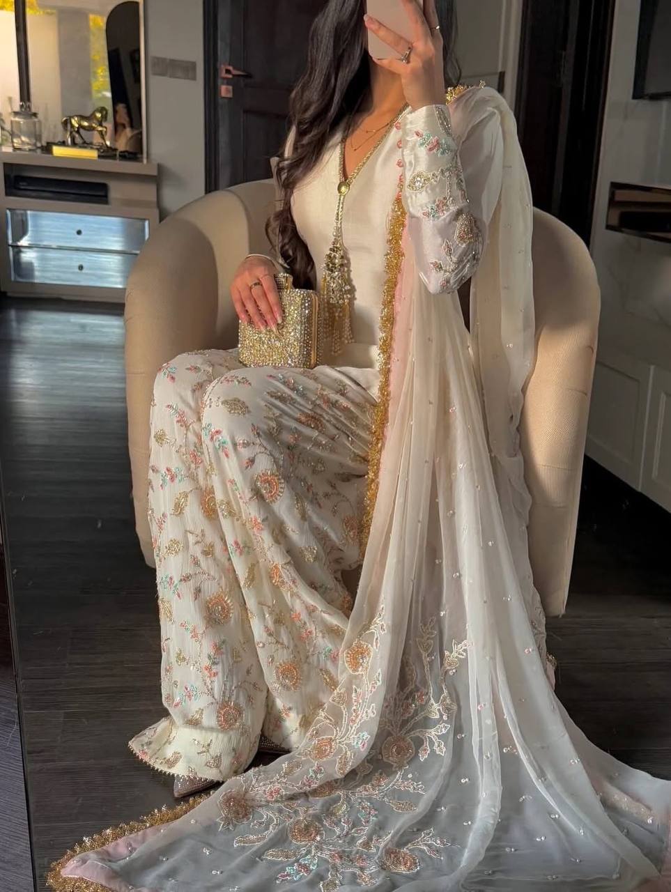 Elegant Cream Punjabi Suit with Floral Plazzo Set