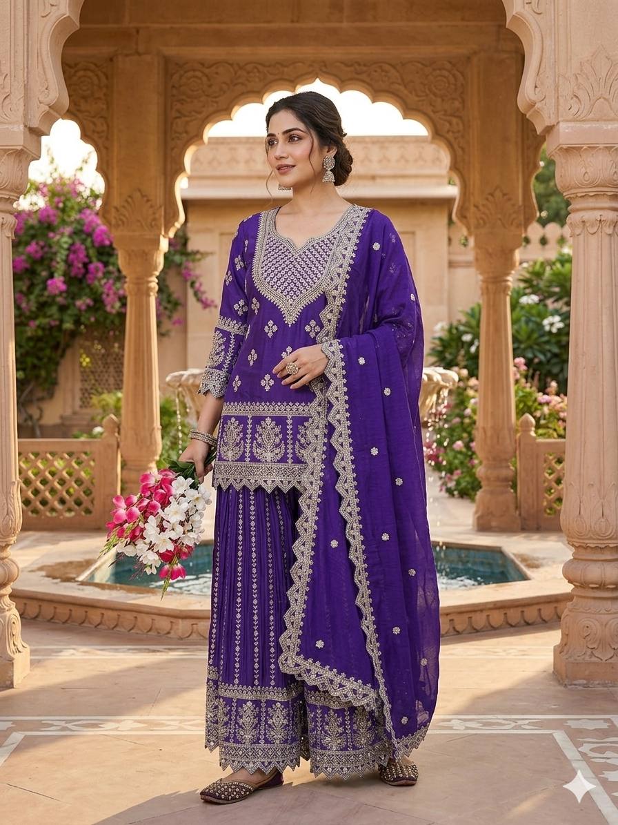 Inaya Zohra Chinnon Silk Embroidered Sharara Palazzo Suit Se