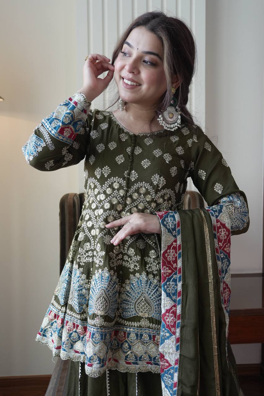 Elegant Olive Green Chinon Embroidered Suit Set