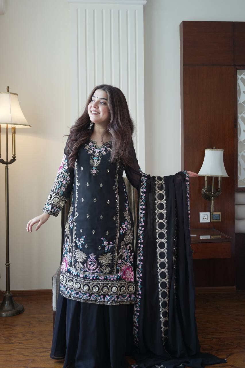 Midnight Black Chinon Sharara Suit Set