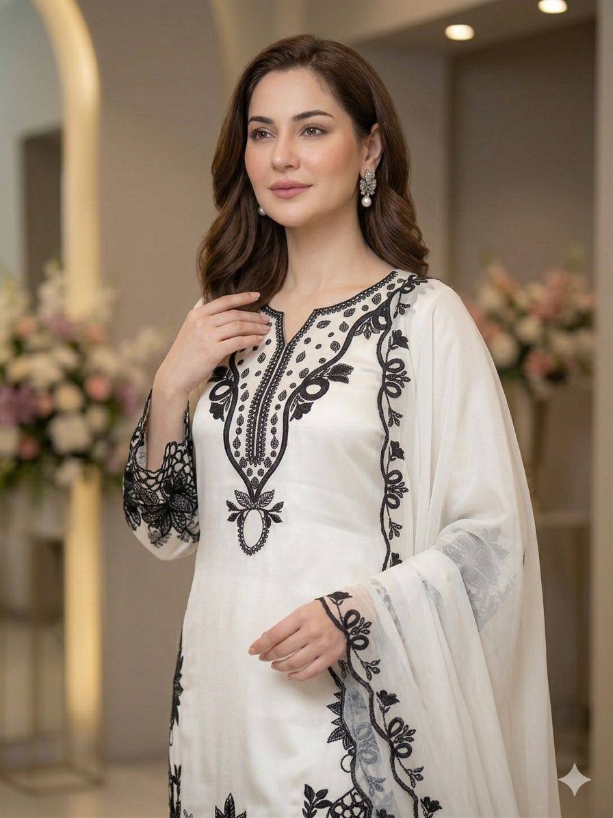 Elara Noor Black & White Embroidered Farshi Salwar Suit Set