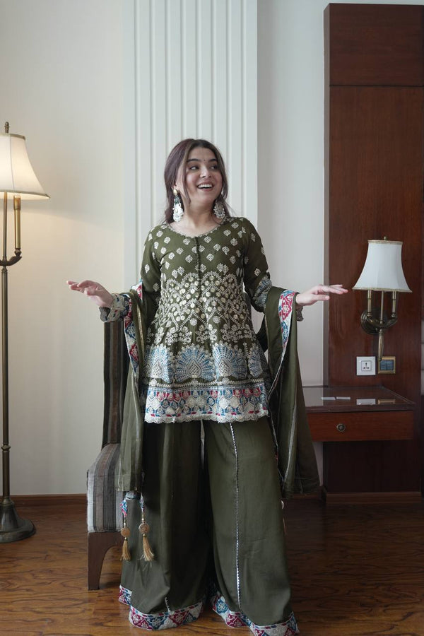 Elegant Olive Green Chinon Embroidered Suit Set