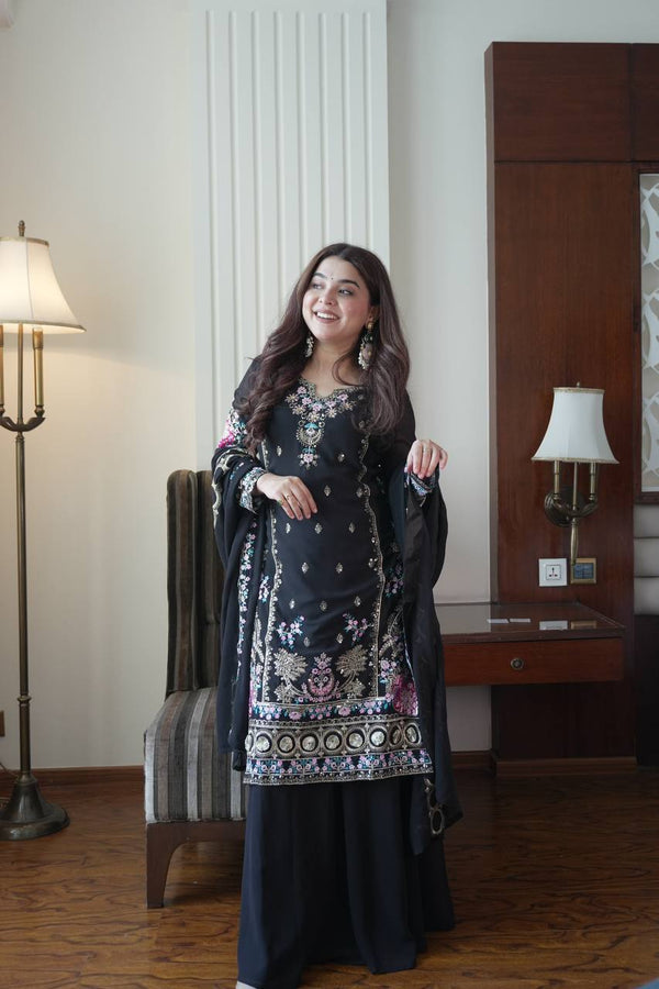 Midnight Black Chinon Sharara Suit Set