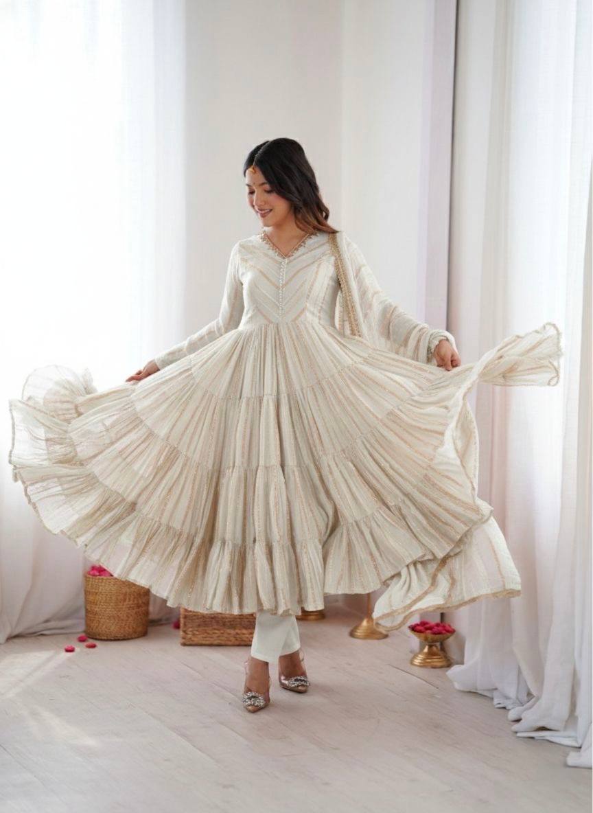 Miravya Chanderi Mirror Ruffle Gown Set
