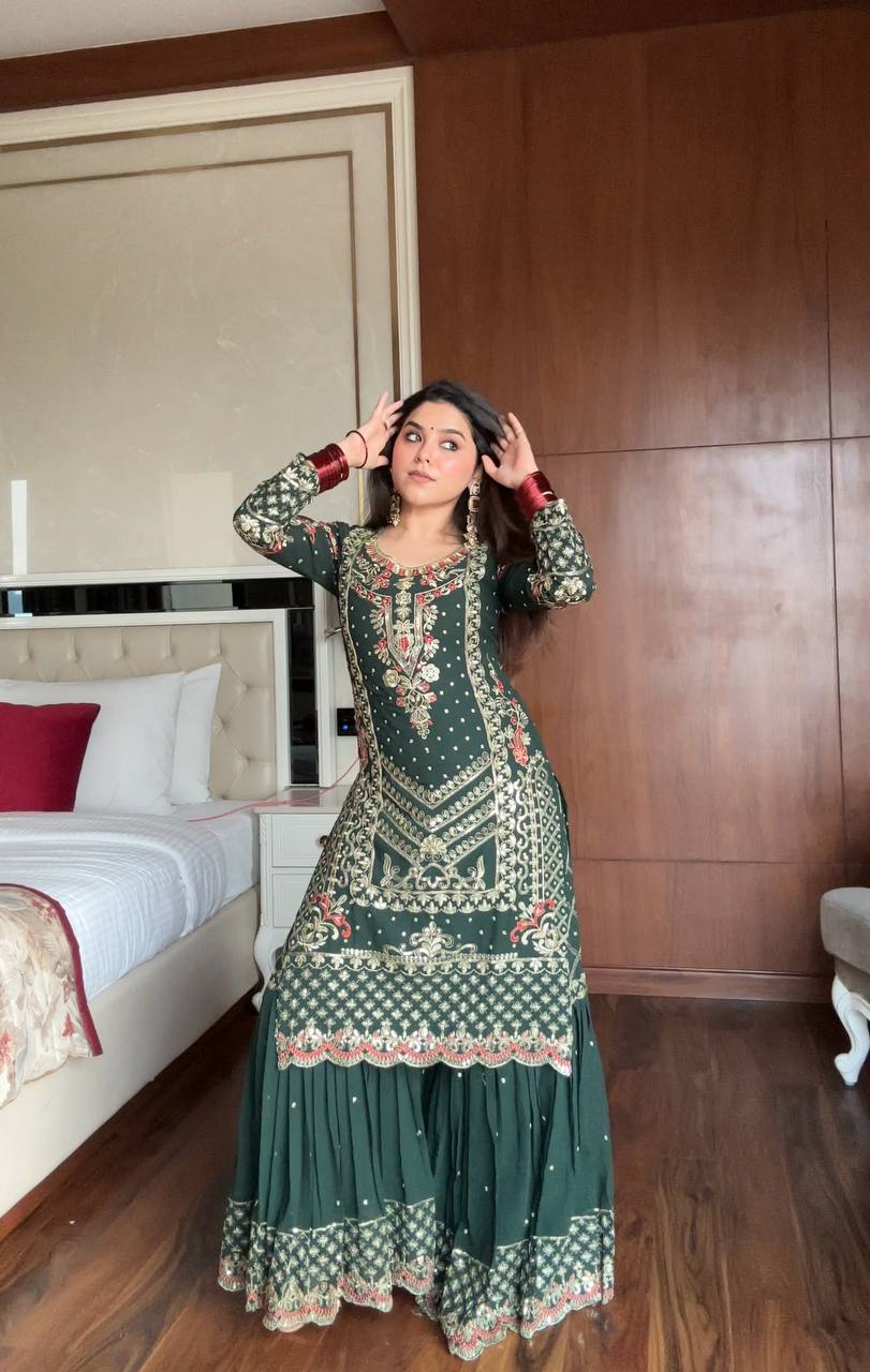 Shahi  Bottle Green Sharara Set