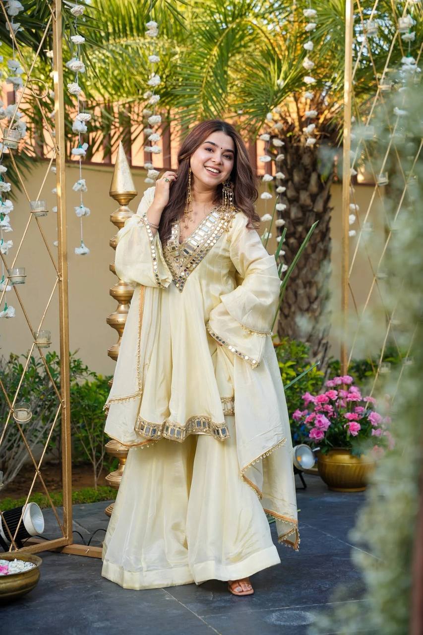 Ananya Cosmos Gold Jari  Silk Real Mirror Work Sharara Set