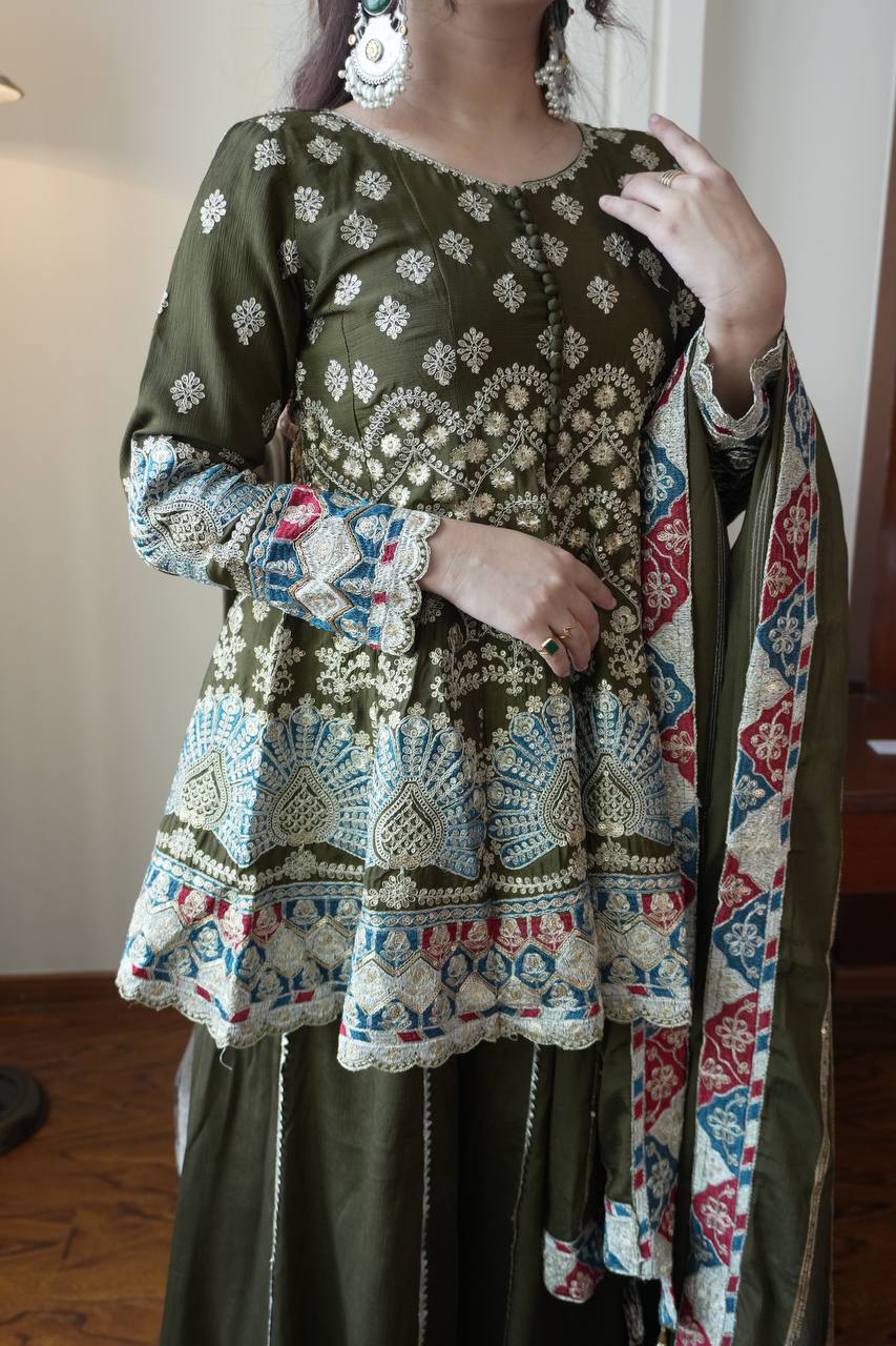Elegant Olive Green Chinon Embroidered Suit Set