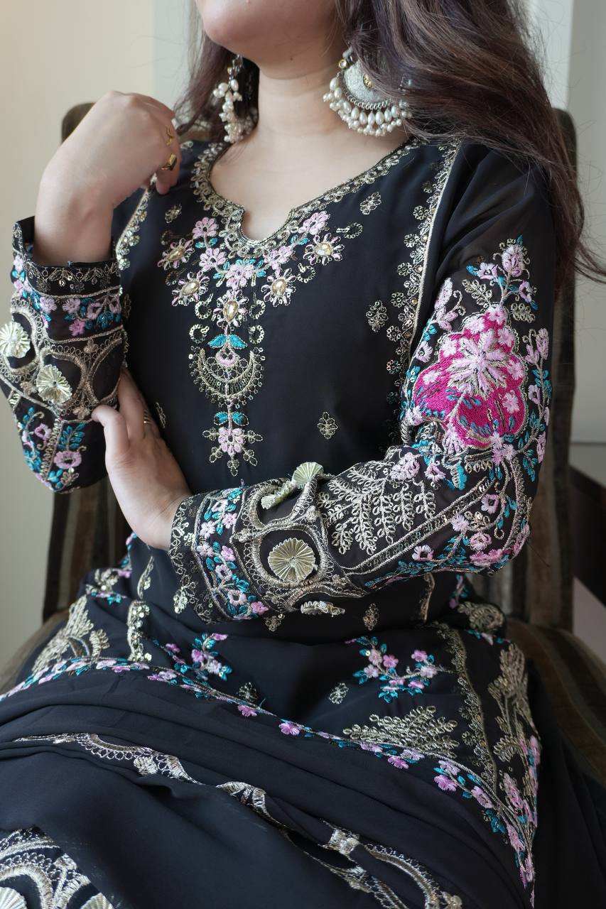 Midnight Black Chinon Sharara Suit Set