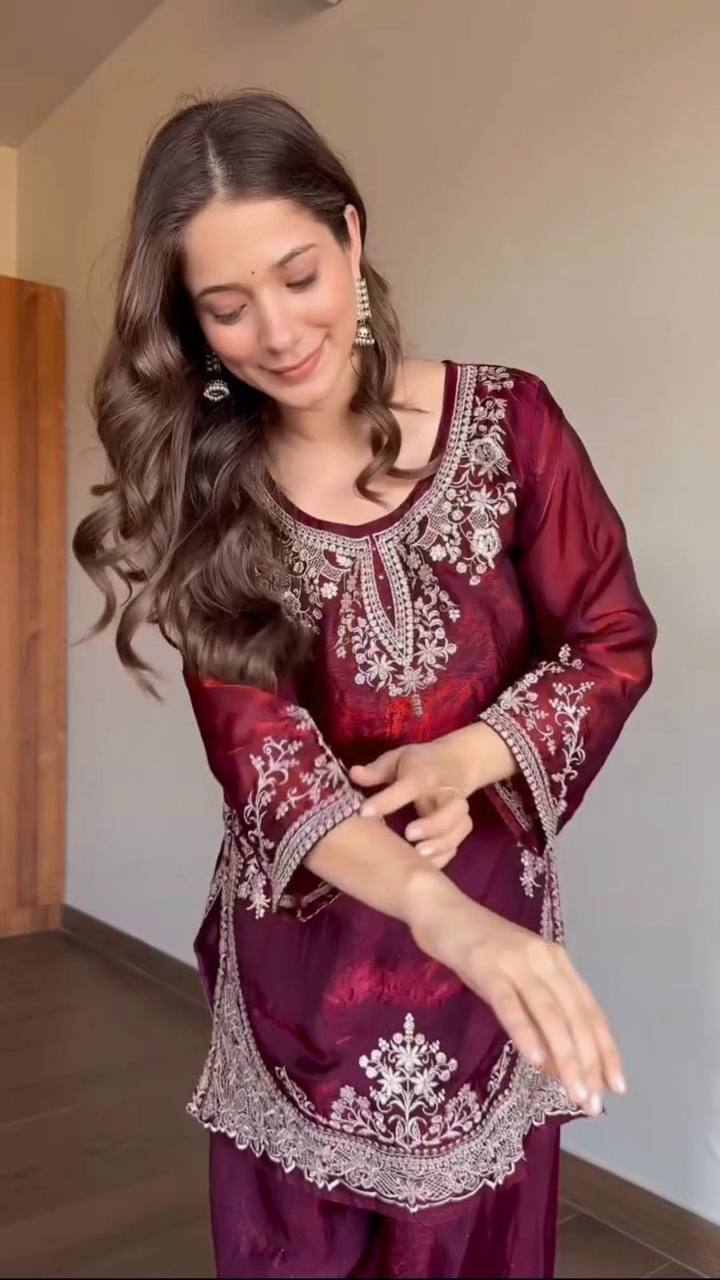 Crimson Noor Embroidered Fendy Silk Palazzo Set