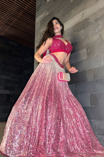 Heavy Sequence Work Pink Lehenga For Sangeet