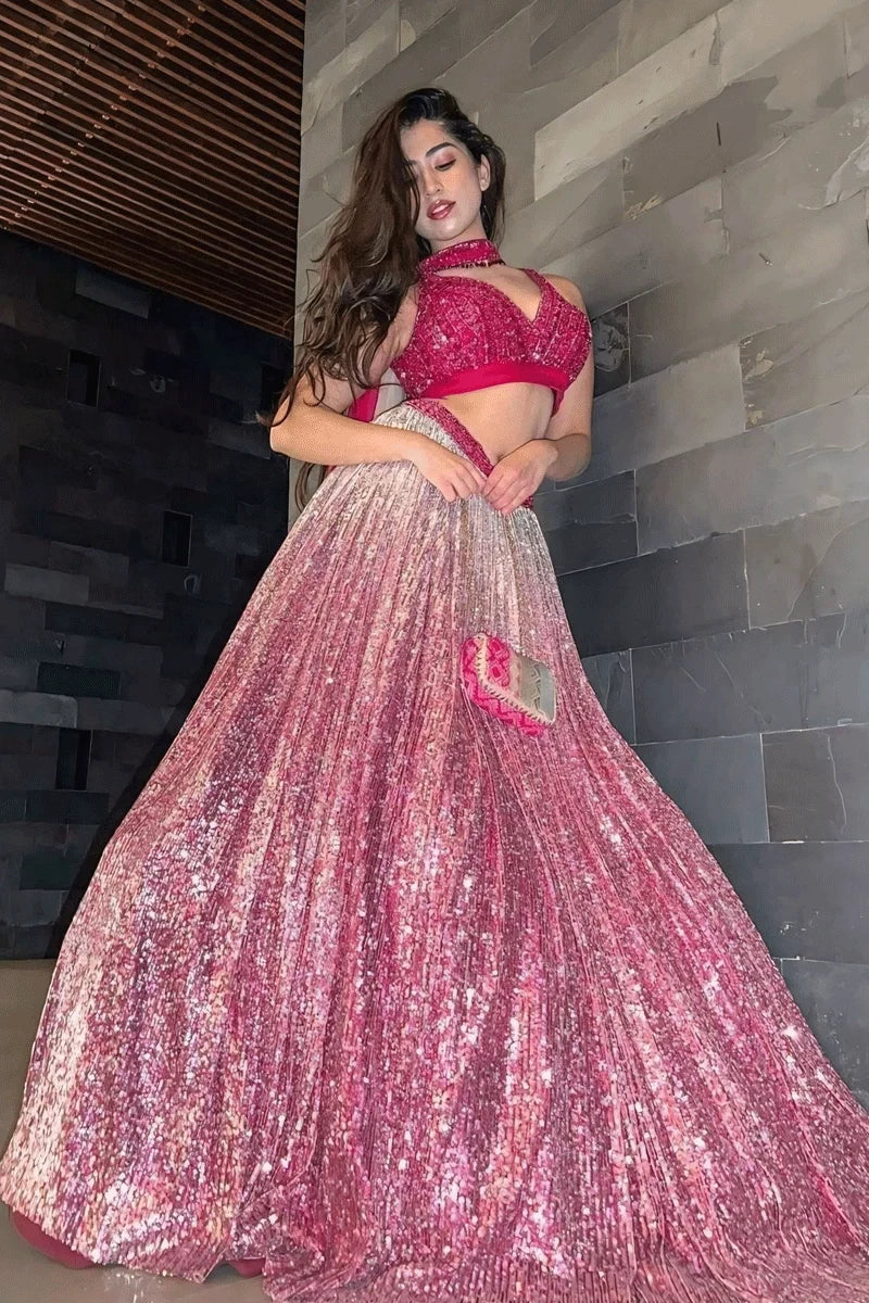 Heavy Sequence Work Pink Lehenga For Sangeet