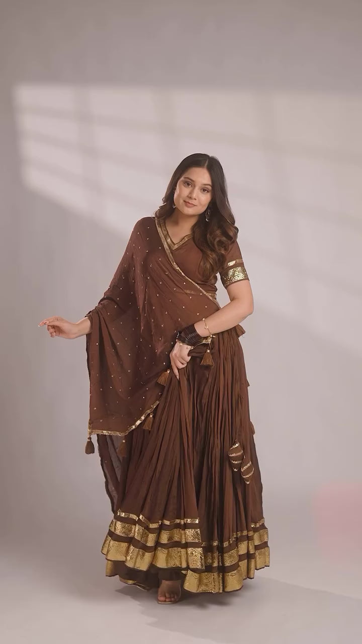 Earthy Chocolate Brown Crushed Lehenga Set with Gold Gota Borders & Tassel Accents
