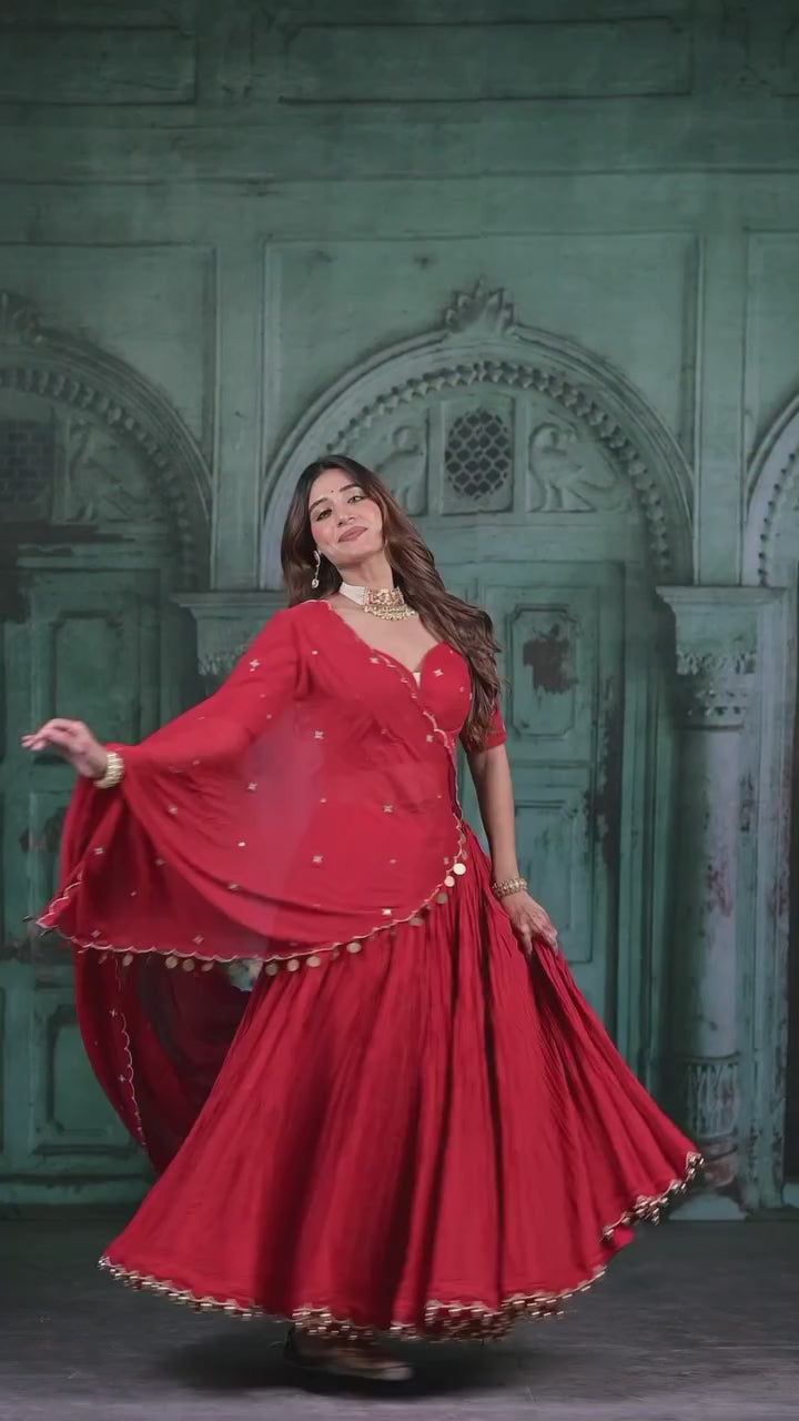 Ruby Red Crushed Georgette Lehenga Set with Shell Detailing & Scalloped Dupatta