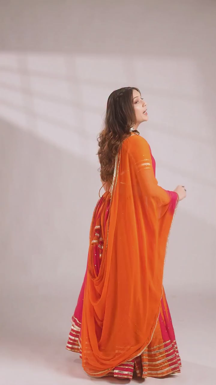 Vibrant Orange & Rani Pink Panel Lehenga Set with Gota Work & Tassel Latkan