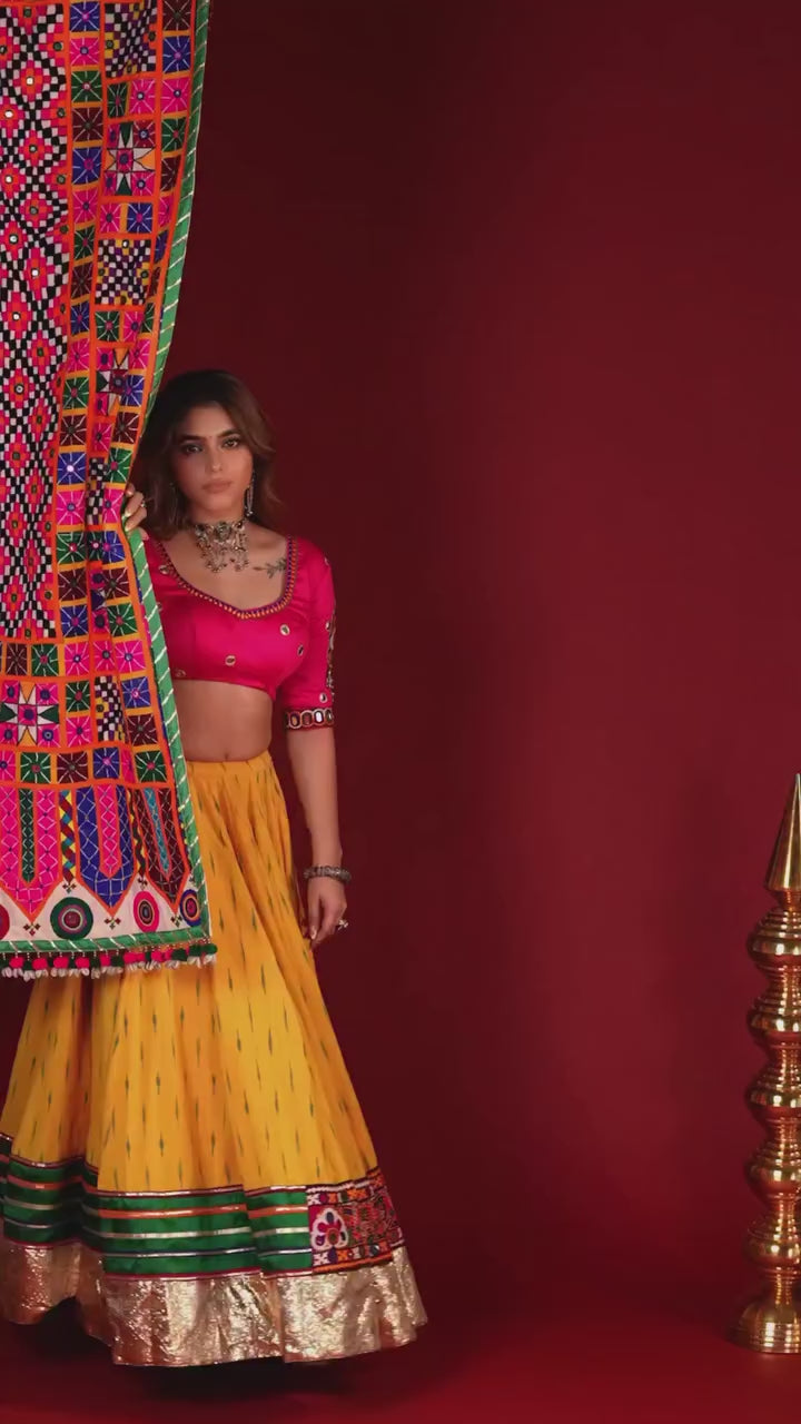 Bright Yellow & Magenta Cotton Navratri Chaniya Choli Set with Multicolored Heavy Embroidered Dupatta