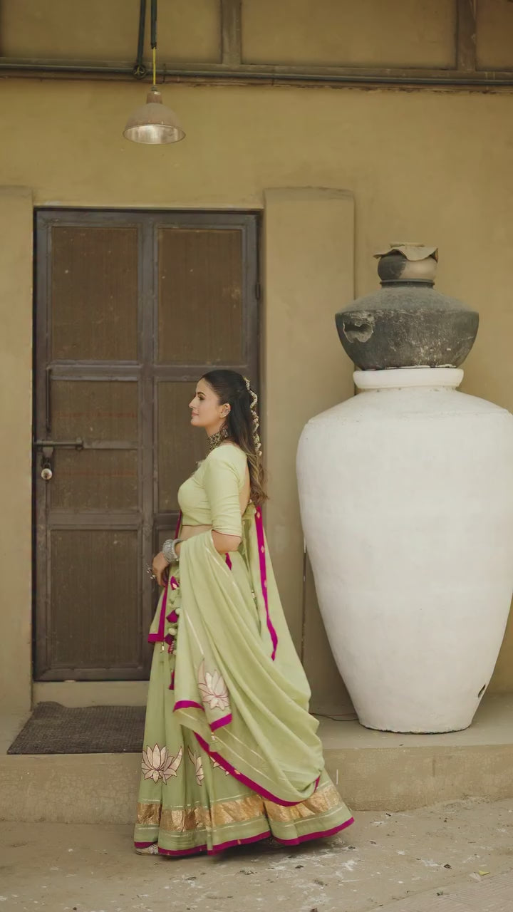 Pistachio Green Cotton Lehenga Set with Hand-Appliqué Lotus Motifs & Magenta Accent Piping