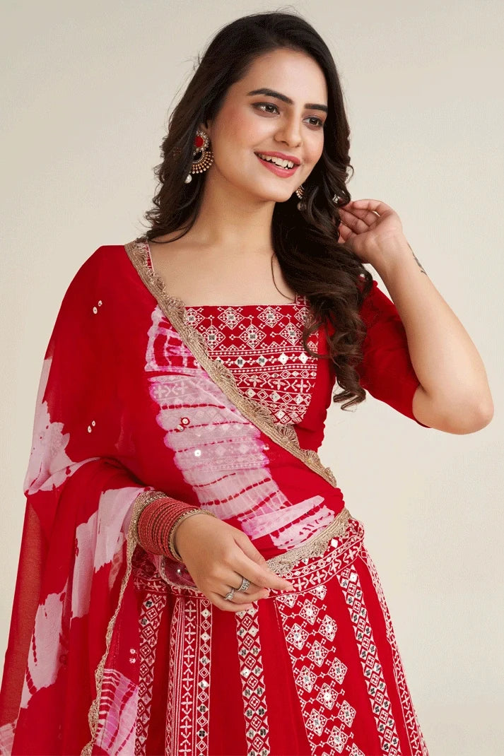 Georgette Fabric Red Lehenga Choli For Wedding